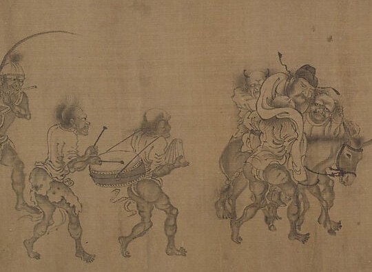 The narrative nucleus: at least four figures interacting , gifts exchanged, gestures made , and the densest ink work in the scroll; slowing a camera here reveals a micro-drama within the larger march.