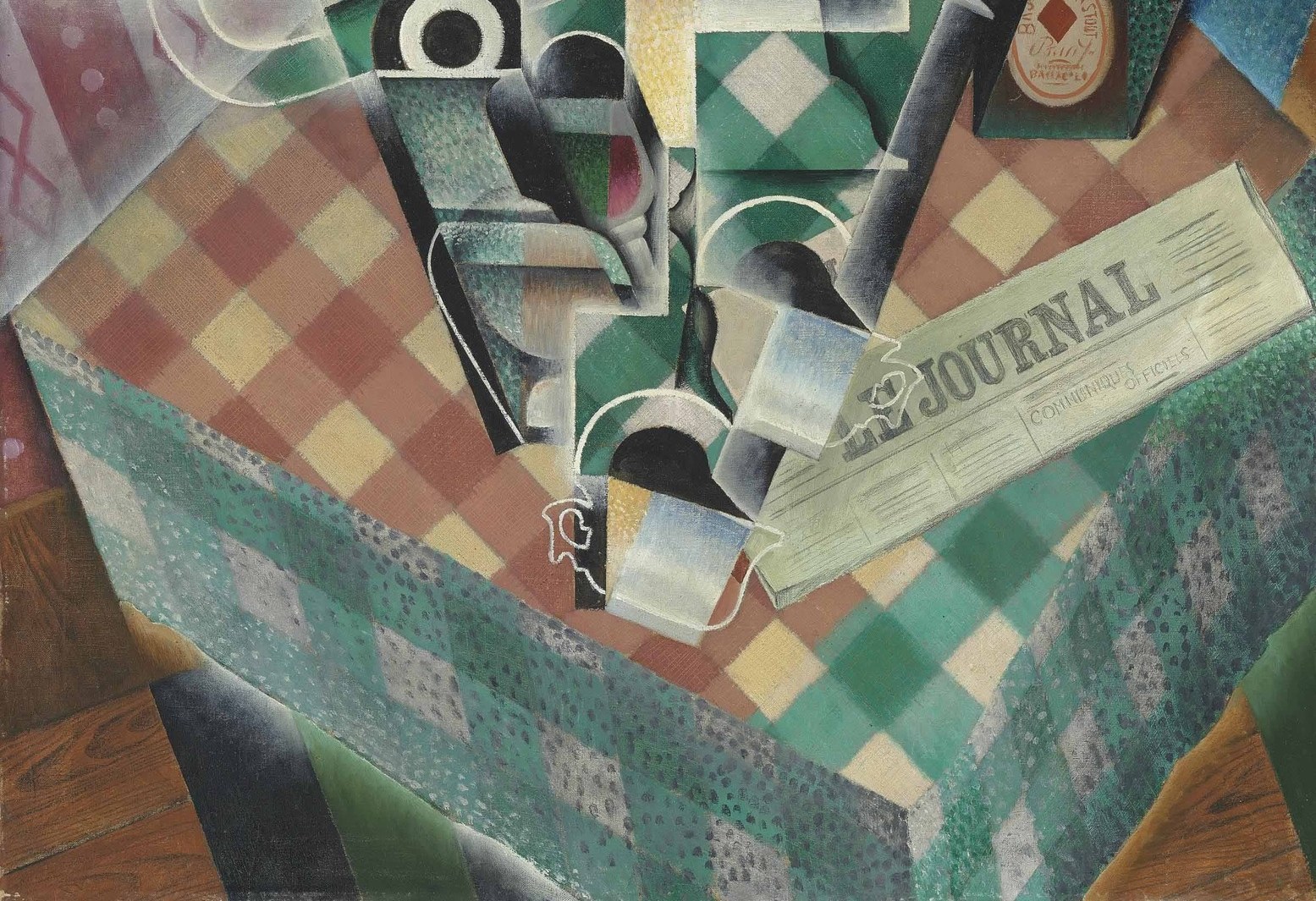 The most virtuoso passage , Gris maps the check pattern across fragmented, tilted planes so it simultaneously reads as flat pattern and three-dimensional draped cloth; the title foregrounds this feat.