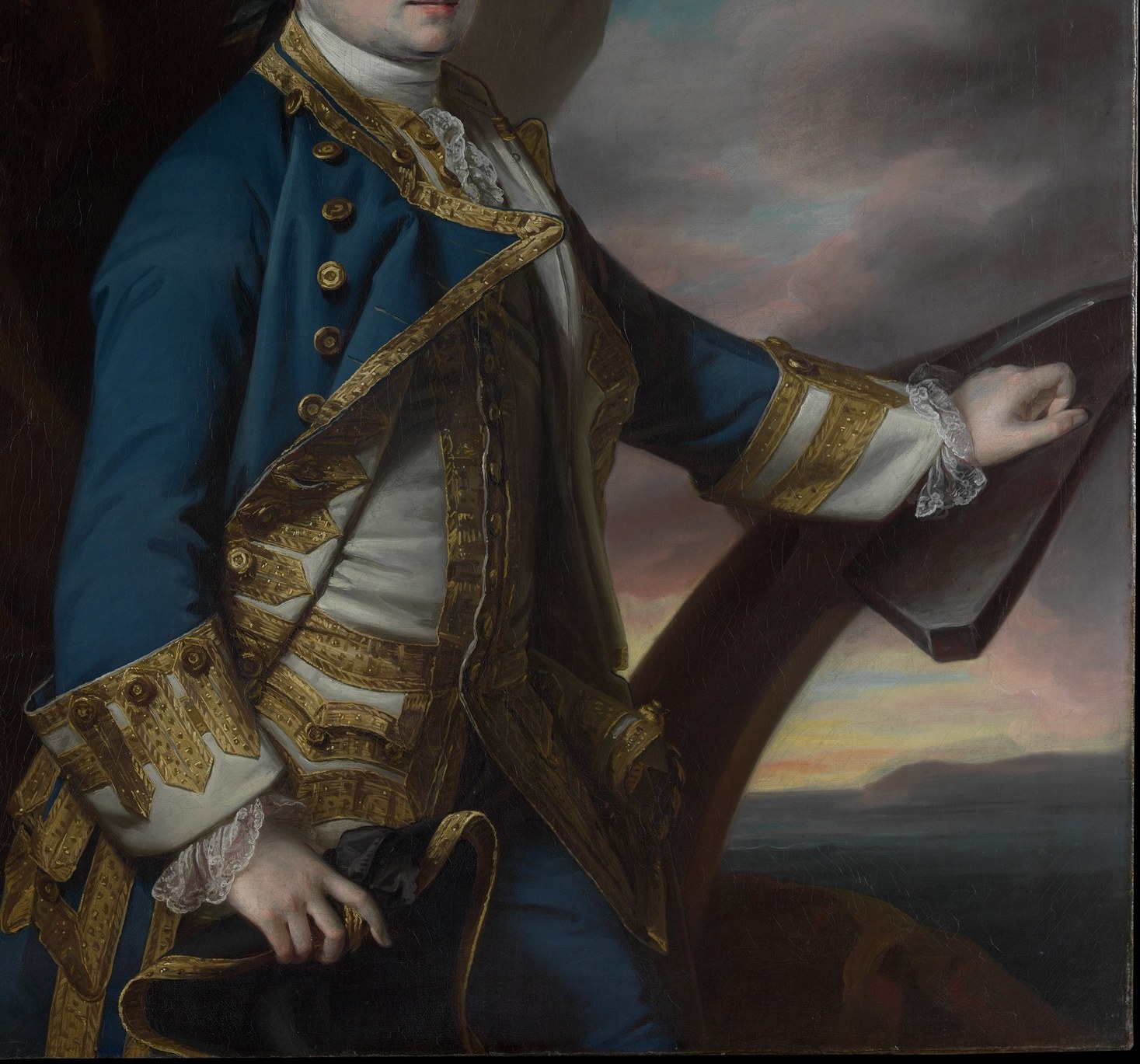 His ornate blue coat shows his wealth.