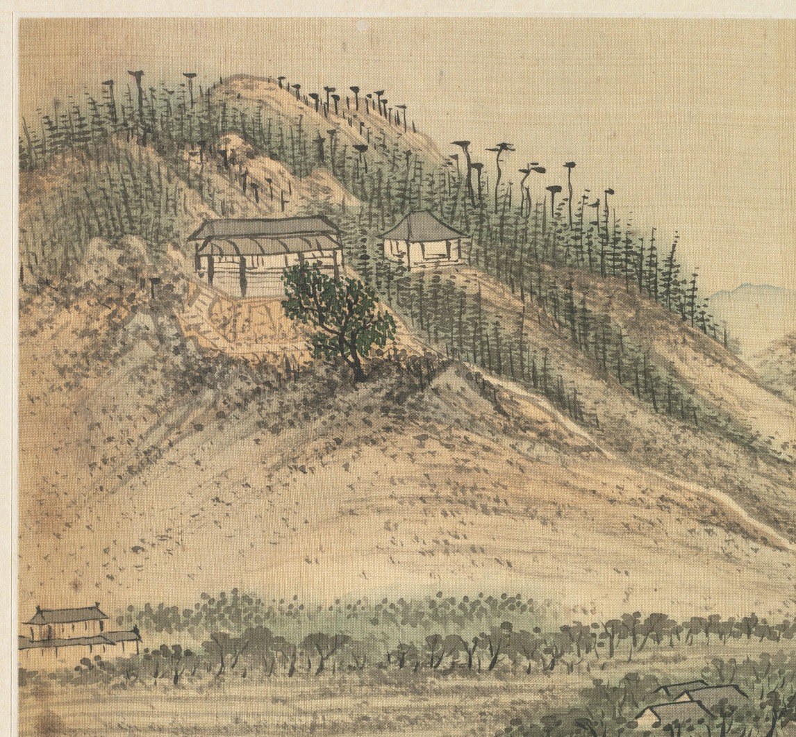 The ink brushwork differentiates pine needles from bare deciduous trees; a showcase of the artist's controlled wet-dry brushwork technique.