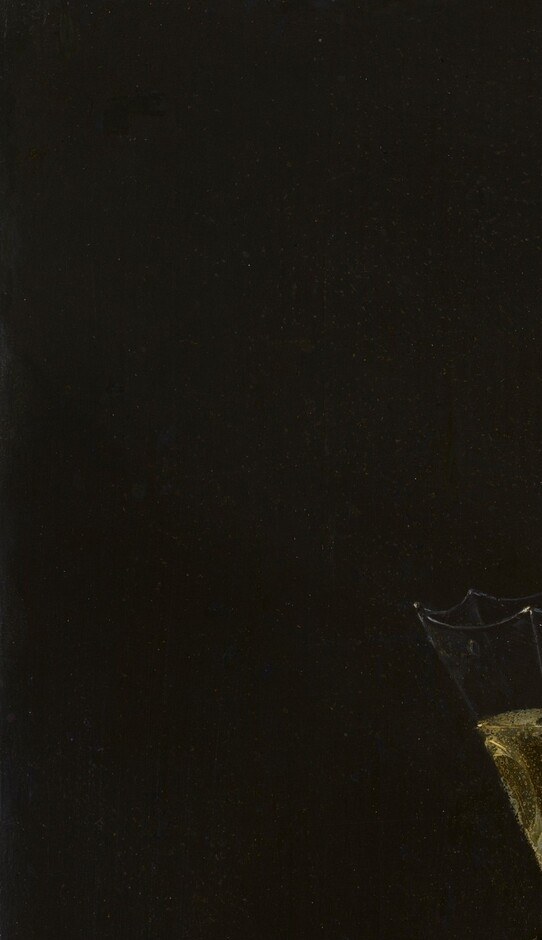 The dark void is not empty paint , its velvety depth is achieved through multiple translucent glazes, and its contrast with the lit glass rim is precisely what makes that edge sing.