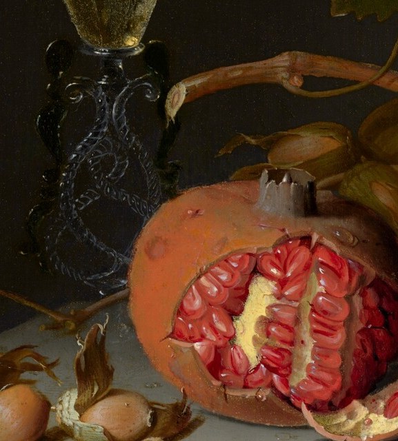 Each individual seed is differentiated with its own light catch , a close look reveals dozens of tiny wet highlights, demonstrating the artist's patience and microscopic control.