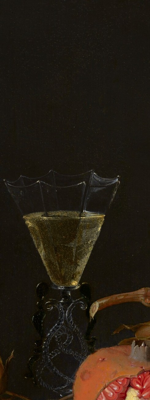 A virtuoso passage of glass-painting: the narrow cylindrical bowl catches transmitted light while the dark background silhouettes its delicate form , the primary technical showpiece of the panel.