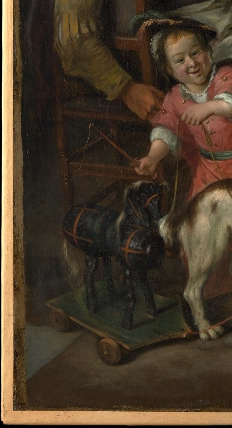 Stock Steen figure of innocence amid adult vice; his posture , looking inward at the dog , creates a quiet counterpoint to the noise above.