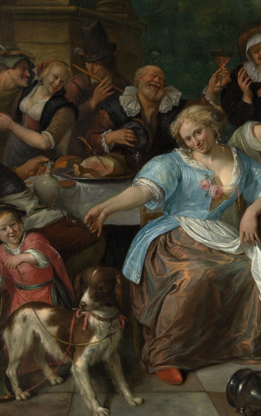 The compositional anchor; her bright saturated blue is the only cool hue in a warm scene, and her open smile directly engages the viewer , Steen's invitation into the revelry.