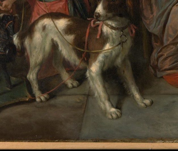 Dogs in Dutch genre scenes signify fidelity and domesticity , their presence here is ironic commentary on the scene's less virtuous pleasures.