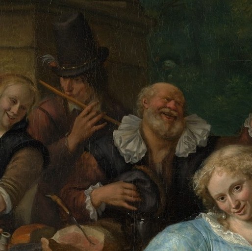 Unusually direct and unguarded expression for 17th-century portraiture; her gaze and grin carry the painting's emotional warmth.