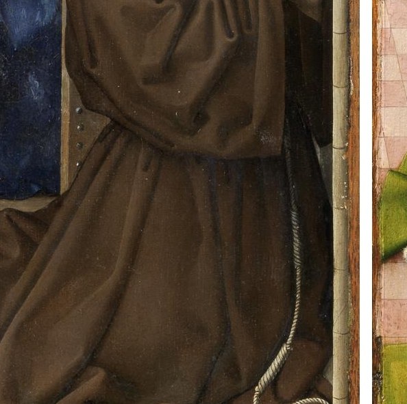 His hands pray to the lost central panel.
