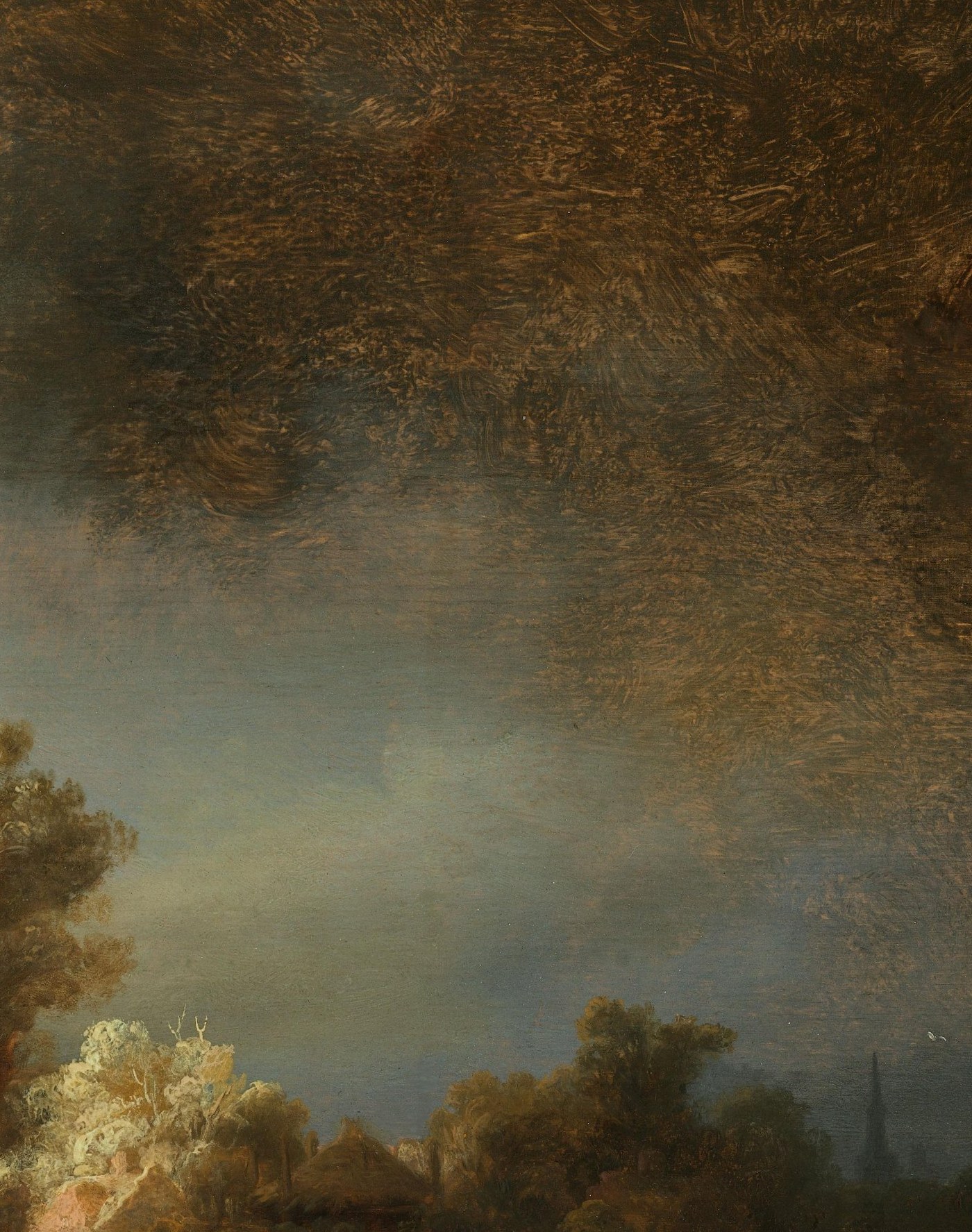 The painting's vertical spine; sunlight catches its upper canopy while its base falls into shadow, displaying Rembrandt's command of the full tonal range in a single object.