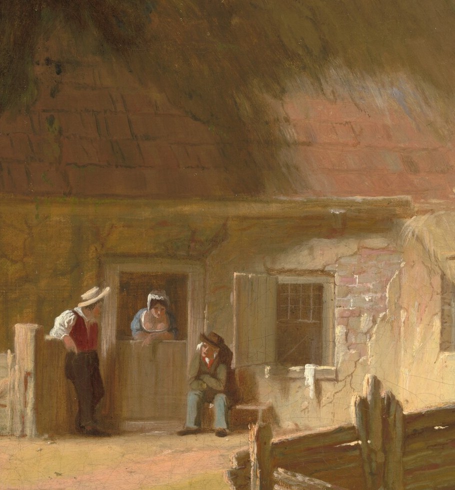Two figures pause at the doorway. The day is almost over.