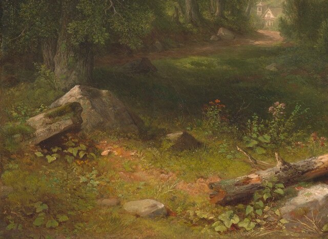 Durand's most botanically precise passages , decay and regrowth coexist as proof of natural cycle. Close focus reveals moss texture and lichen that confirm field observation rather than studio invention, and contrast the cultivated distance with wild immediacy.