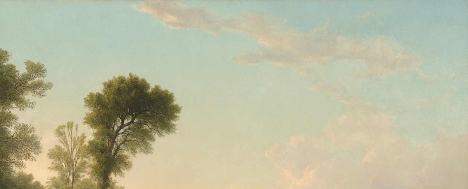 The scene's light engine: warm yellow near the horizon graduates to soft grey-blue overhead. Clouds cast the cattle meadow in dappled shadow while leaving the water below brilliantly lit , careful meteorology, not decoration.