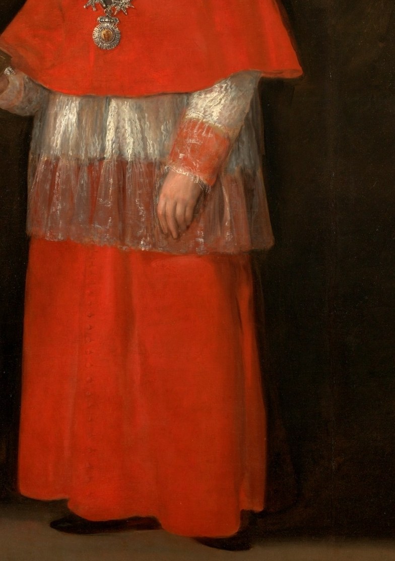 The voluminous red robe dominates the composition, emphasizing his religious office and power.