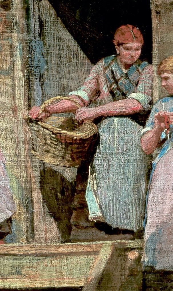 The basket she holds is a central element, possibly containing supplies or harvested goods, hinting at labor or preparation.