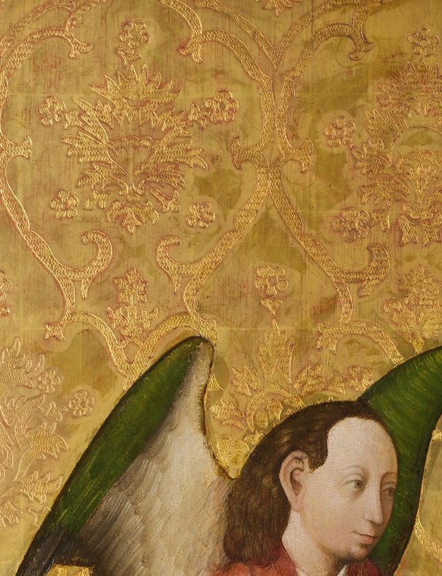 Vivid green plumage with gold highlights identifies the archangel and frames the left half of the composition; landing here reveals meticulous feather-by-feather painting.