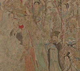 A monk raises his bowl as a red demon lunges at him.