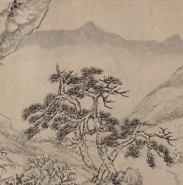 A vast river valley, ink on paper.