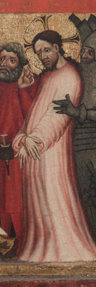 Below, He stands before Pontius Pilate, who condemns him.