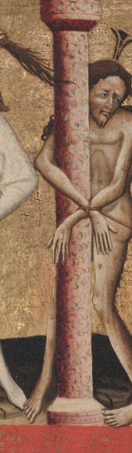 Above, Christ is flagellated, enduring physical torment.
