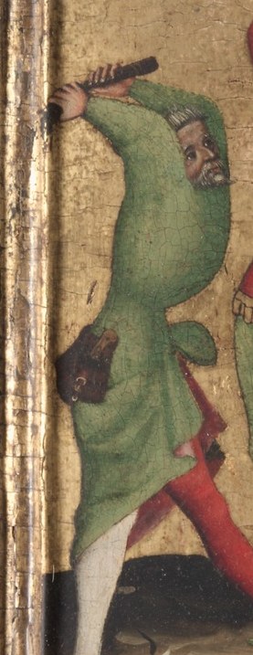 The forward motion and raised arm emphasize the brutality of the scene.