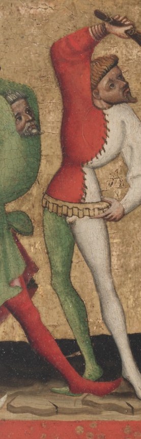 His dynamic pose and raised whip suggest the violence of the act.