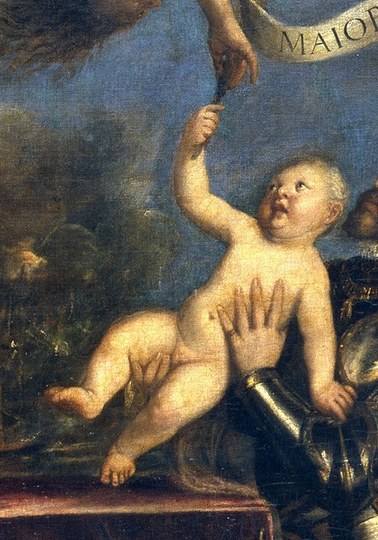 The child's innocent gaze and outstretched arms convey vulnerability and hope, central to the painting's theme of succession.
