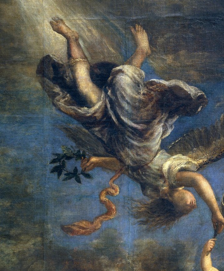 This allegorical figure, possibly an angel or Fame, descends from the heavens, symbolizing divine favor or destiny.