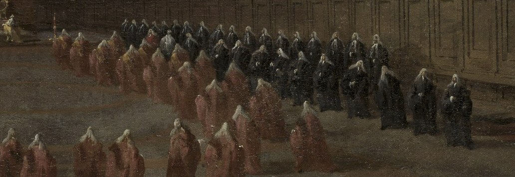These figures, dressed in dark attire, form a contrasting line and suggest a different group or status within the ceremony.