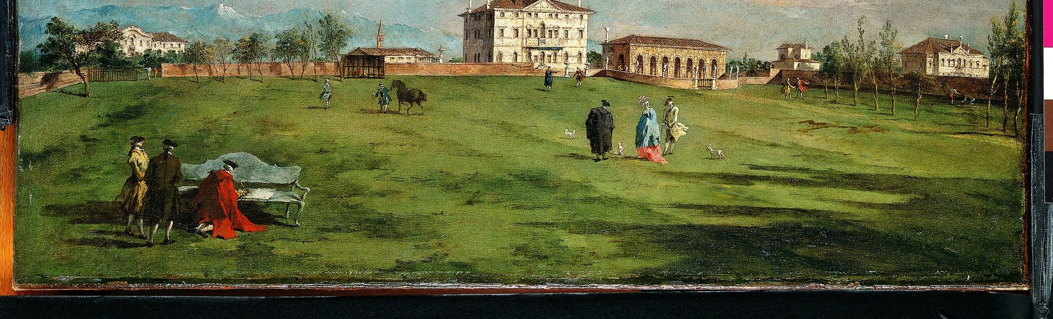 The vast empty lawn functions as a theatrical stage , its near-emptiness amplifies the villa's grandeur and gives the few figures a near-sacred isolation in space.
