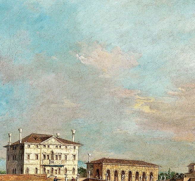 The pale neoclassical building is the declared subject; its height and symmetry dominate the right-center and invite reading as both architecture and emblem of patrician command over land.