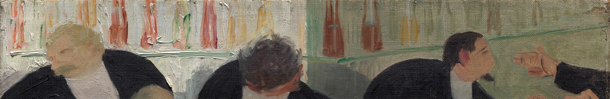 These form a dense, abstract pattern that grounds the scene and provides context for the bar setting.