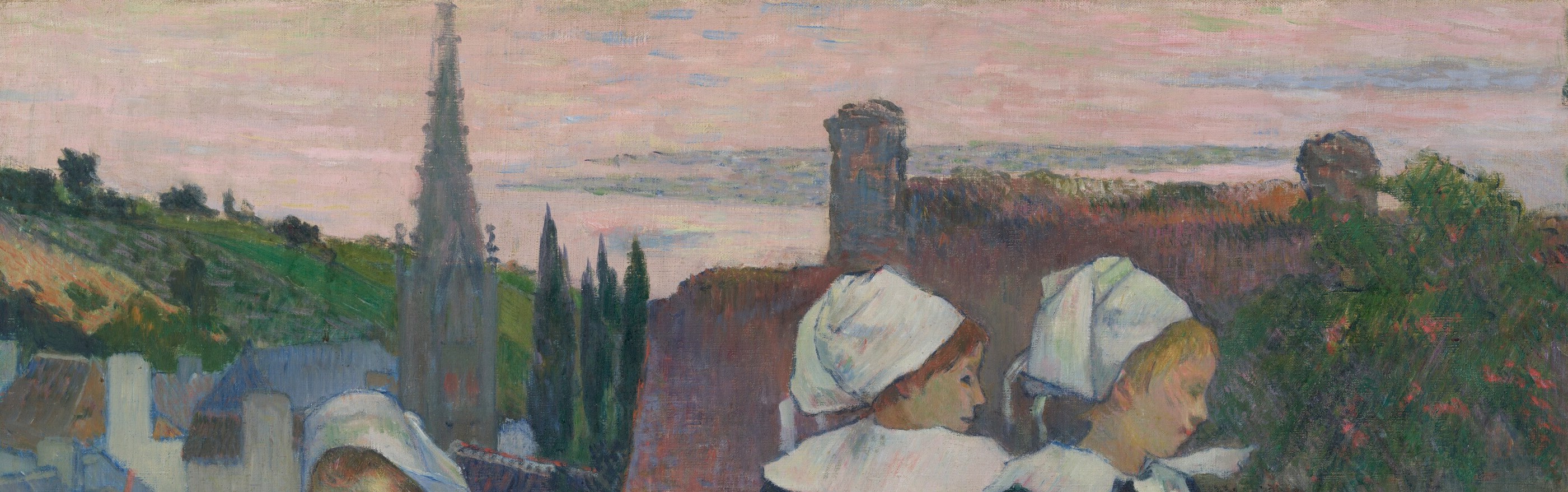 The girls' white coiffes are symbols of Breton identity.
