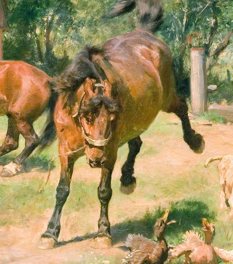 One horse rears up, full of energy and resistance.