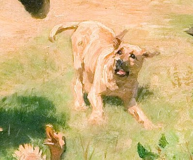 The little dog dashes ahead, adding to the commotion.