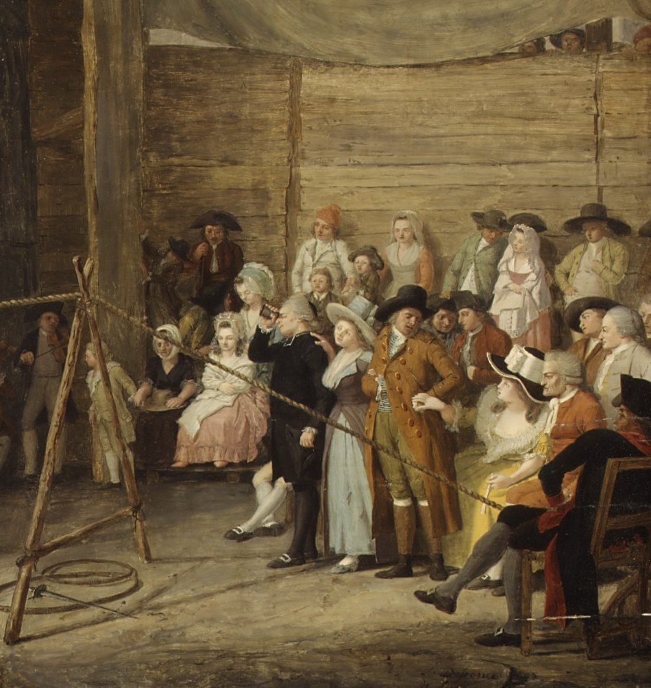 A social cross-section of Liège bourgeoisie , hats, ribbons, powdered wigs , their collective gaze directed at the performer creates a painting-within-a-painting about spectatorship itself.