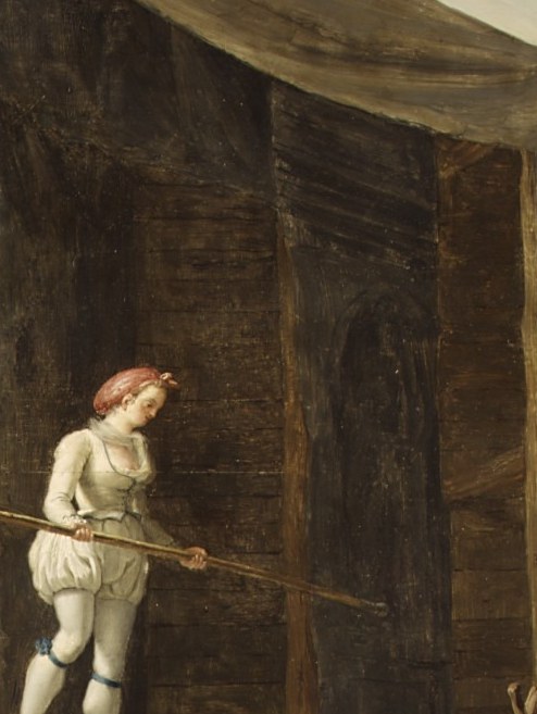 The visual and narrative anchor of the whole scene , arms possibly extended for balance, costume luminous against the darker tent interior, suspended between gravity and spectacle.