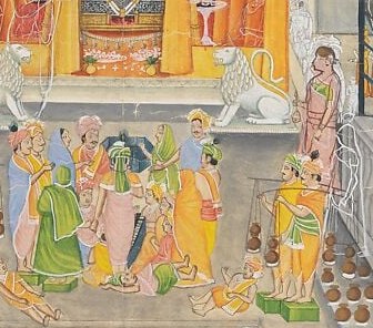 The scene shows bears, dogs, and a horseman.