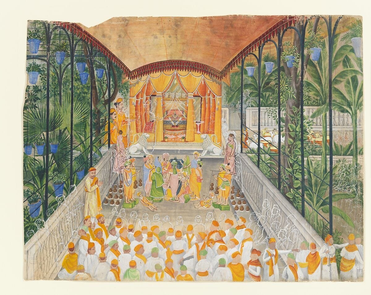 The flat red border with thin gold rules is a hallmark of Rajasthani album pages from the early 20th century revival; it frames the scene as a precious object, not an illustration.
