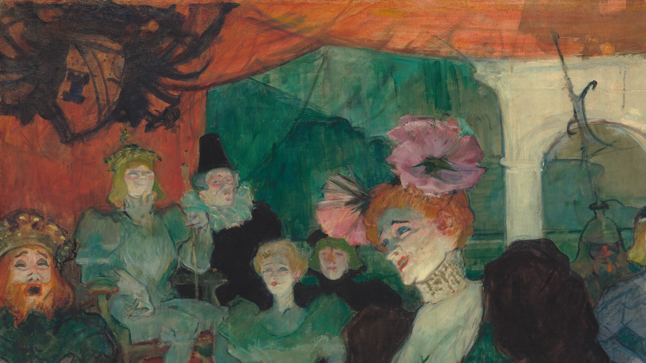 The saturated intensity here is exceptional even for Lautrec, it functions like a painted stage flat and is one of the most chromatic large-field decisions on the canvas, anchoring the warm color scheme.