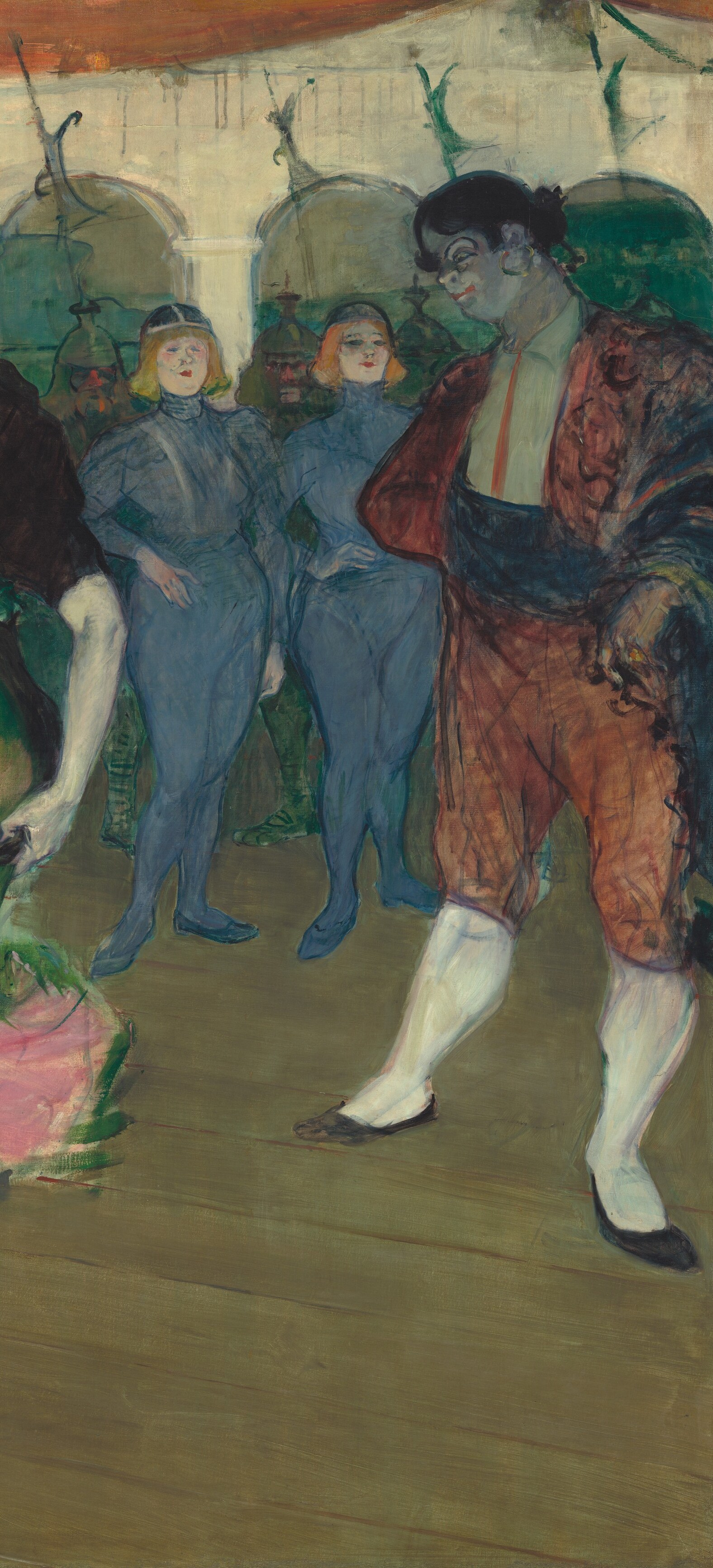 Almost certainly the actor playing Chilpéric; his turned back neatly frames Lender as star while his tall form provides vertical counterweight, a deliberate compositional foil borrowed from Degas's off-center staging.