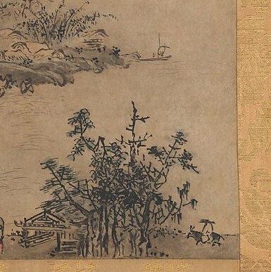 The twisted, spiky brushwork of the trees is among the most energetic passages in the scroll , Sesson's idiosyncratic tree style is instantly recognizable