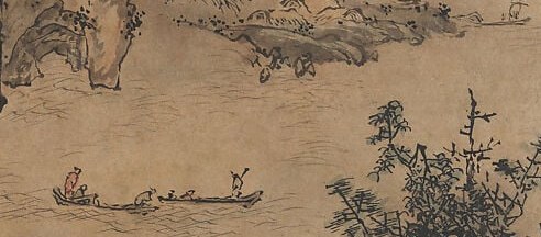 The boats give scale to the towering cliffs and introduce movement and commerce into an otherwise austere landscape; figures are just visible inside