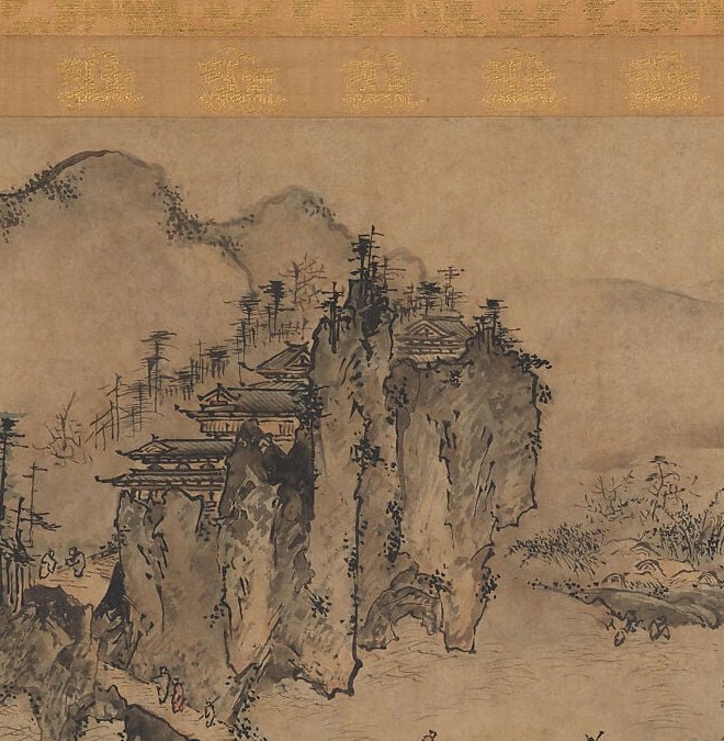 The dramatic, angular cliff face is the compositional spine of the scroll , Sesson's brushwork creates a tense, crackling energy that distinguishes his style from the softer Sesshū tradition