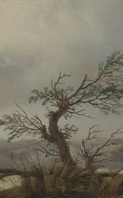 The skeletal silhouette frames the left side of the composition and signals the harsh, windswept North Sea dune environment.