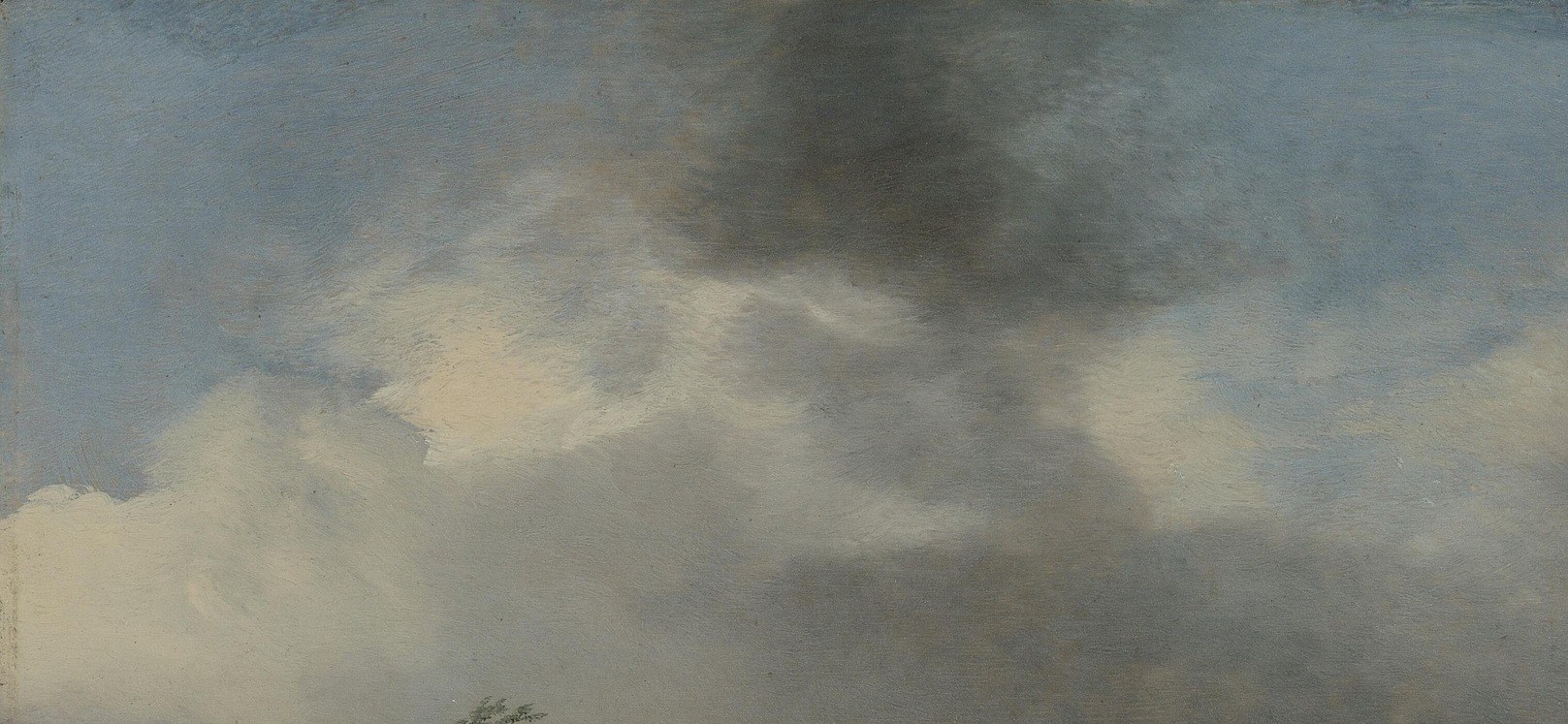 The threatening mass of cloud occupying over half the canvas demonstrates the Dutch Golden Age convention of sky-as-protagonist; it dwarfs the human figures deliberately.