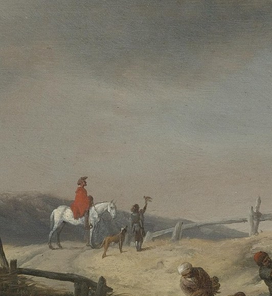 The red coat is the compositional anchor and focal point , the saturated color pulls the eye immediately and signals social rank among the travelers.
