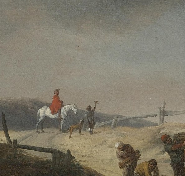 Wouwerman's signature motif; the pale horse against dark dune ground demonstrates his virtuoso handling of light-reflective coat texture.