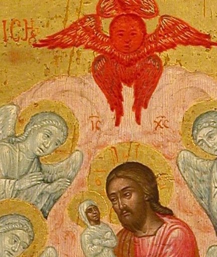 Above her, Christ cradles a small white figure.