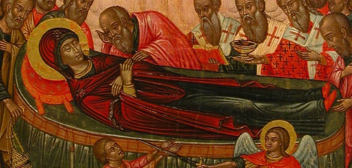 Her tranquil horizontal pose anchors the composition and gives the scene its name , Dormition, 'the falling asleep.'