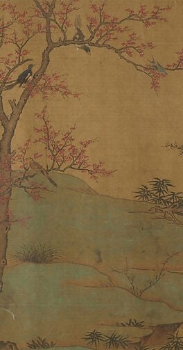 The dominant compositional anchor; vivid mineral-red pigment against warm aged silk creates the painting's most intense color contrast and fixes the seasonal mood immediately.